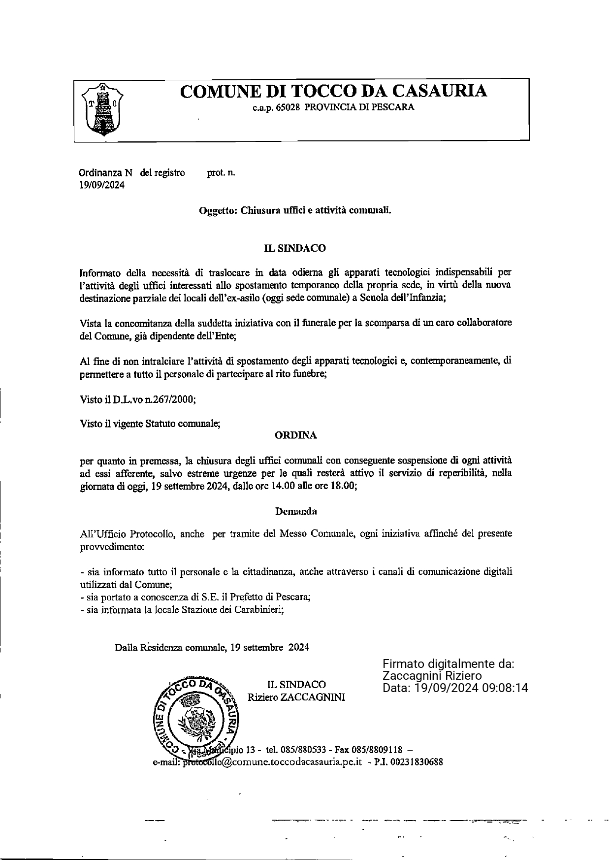 ORDINANZA n. 7/2024 - Chiusura uffici e attivit comunali.